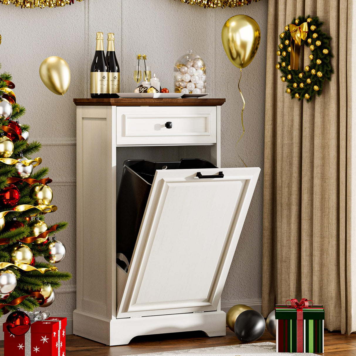 AHB 13 Gallon Tilt Out Trash Cabinet Kitchen Waste Bins, Laundry Hamper Tilt Out Pet Proof Hidden Trash Bin for Kitchen Living Room, Antique White and Brown AHB