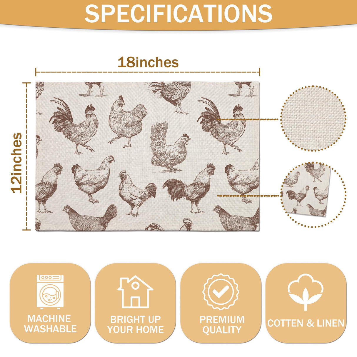 Farm Chicken Place Mats Indoor，Farmhouse Rustic Linen Washable Heat Resistant Placemats for Kitchen Dining Tables，Farmhouse Placemats Set of 4，Dining Table Decoration Supplies(12X18 inches) A20 Eronm
