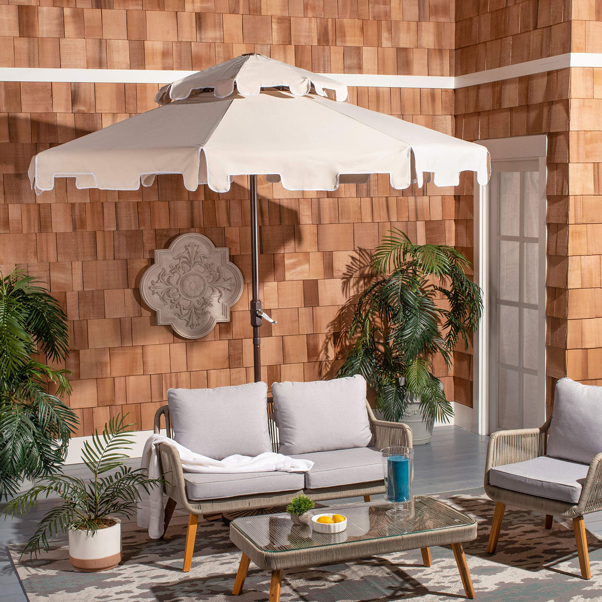 Safavieh Outdoor Zimmerman Beige and White 9-foot Double Top Market UV Protected Umbrella Safavieh