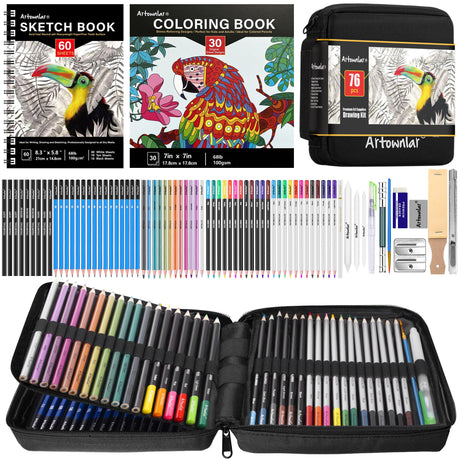 Artownlar 76 Art Set Drawing Supplies - Pro Sketching Kit for Artists Adults Teens Kids - Sketch Book, Coloring Book, Graphite, Charcoal, Watercolor, Metallic Colored Pencils in Gift Case Artownlar