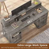 HAUOMS Farmhouse Executive Desk with Drawers Computer Desk with File Drawers, Power Outlet and Led Lights, Executive Office Desk with Storage Cabinet and Monitor Shelf for Home Office, Grey HAUOMS