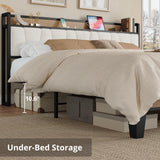 LIKIMIO King Bed Frames, Storage Headboard with Charging Station, Solid and Stable, Noise Free, No Box Spring Needed, Easy Assembly, Wood and Cream LIKIMIO