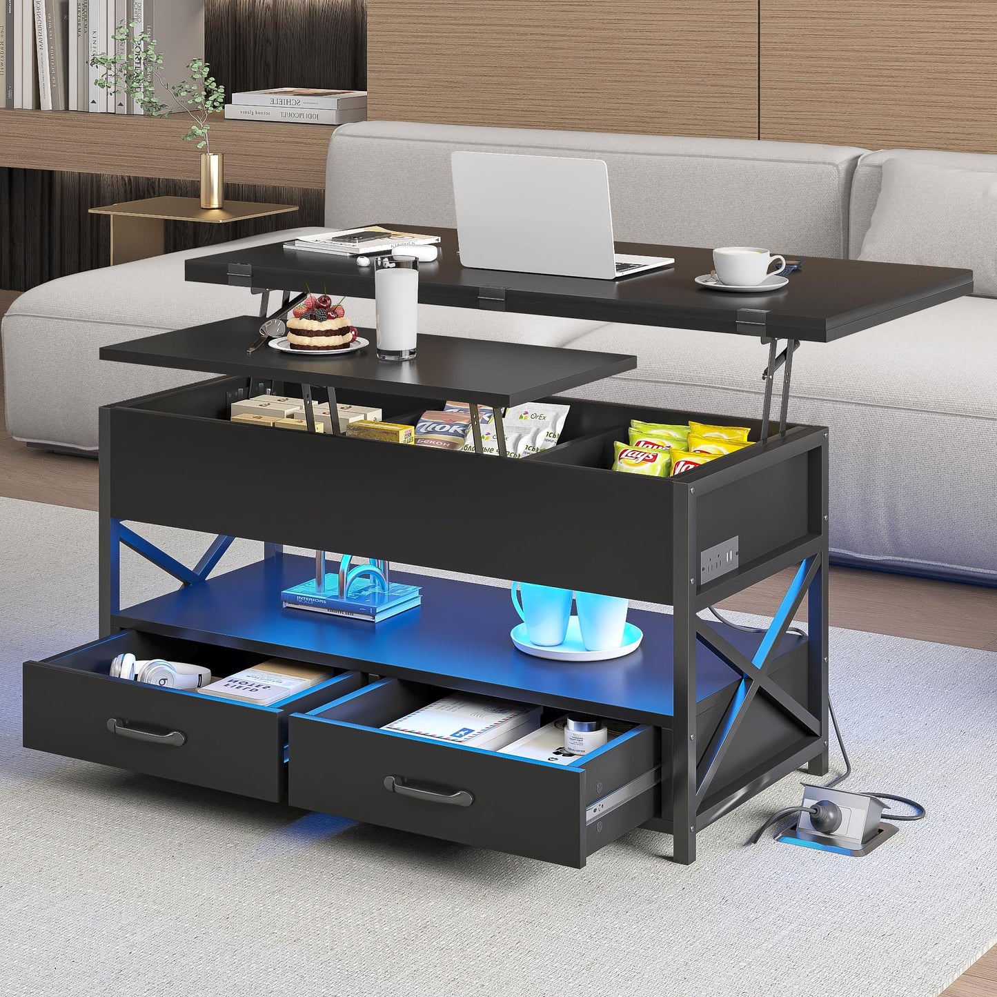 Oubayajia Lift Top Coffee Table with LED Light, Power Outlets, and Storage Shelf, Coffee Tables with 2 Storage Drawers and Hidden Compartment, coffee table for living room (black) - WoodArtSupply