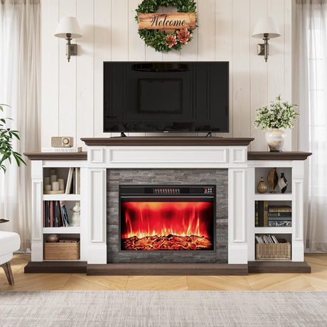 LGHM 80" Electric Fireplace with Mantel, Fireplace TV Stand for TVs Up to 90 Inch, Farmhouse Entertainment Center with Storage, Realistic Stacked Stone Surround with Remote Control for Living Room LGHM