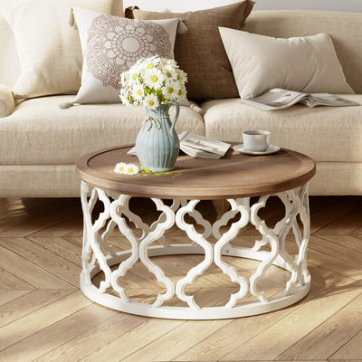COZAYH Farmhouse Coffee Table, Distressed Tray Top Table with Curved Motif Frame Base for Boho, Rustic, French Country Decor, Round, White