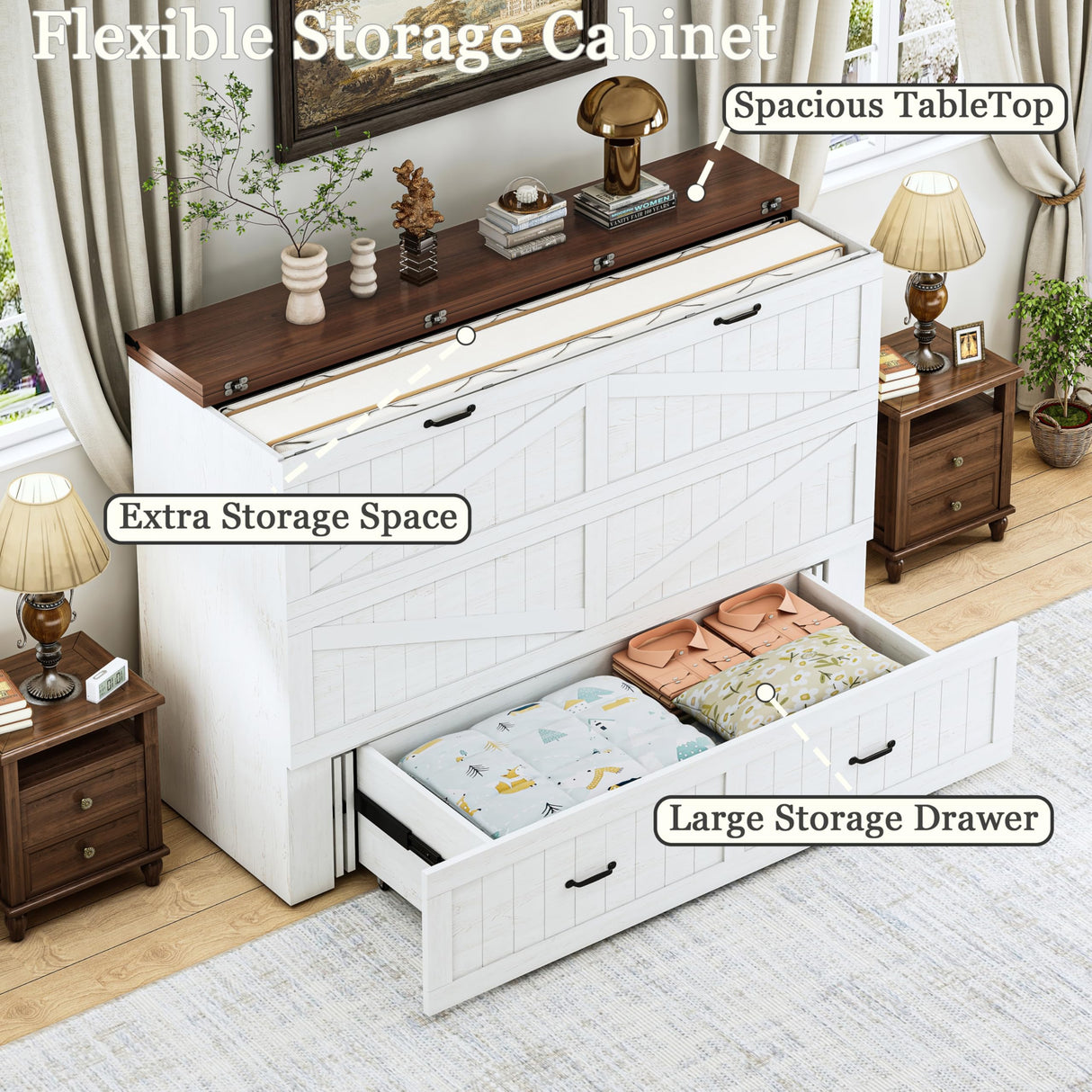 Full Murphy Bed with Storage & Charging Station, Farmhouse Murphy Cabinet Bed with Large Drawer, Hideaway Foldable Platform Bed for for Guest Room, Bedroom, Home Office, Mattress Not Included, White CayugaCrekrd
