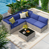 olimix Patio Furniture Set, 6 Pieces All Weather Wicker Rattan Conversation Set with Canopy, Outdoor Sectional Sofa Set w/Adjustable Backrest, Chaise Chair Daybed w/Storage Table, Grayish-White/Blue olimix