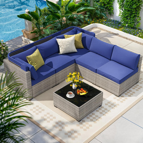 olimix Patio Furniture Set, 6 Pieces All Weather Wicker Rattan Conversation Set with Canopy, Outdoor Sectional Sofa Set w/Adjustable Backrest, Chaise Chair Daybed w/Storage Table, Grayish-White/Blue olimix