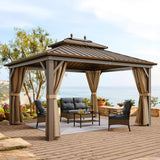 YITAHOME 10x12ft Gazebo Hardtop with Nettings and Curtains, Heavy Duty Double Roof Galvanized Steel Outdoor Combined of Horizontal Vertical Stripes Roof for Patio, Backyard, Deck, Lawn, Bronze YITAHOME