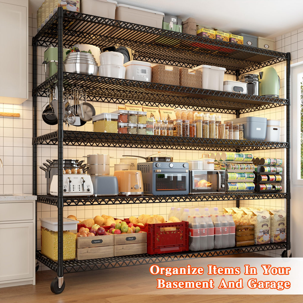 REIBII 73" H Storage Shelves Wire Shelving with Wheels 3200 lbs Heavy Duty Steel Metal Shelving Unit Shelf Rack for Warehouses,Garage, Kitchen, School,Commercial,73" H X 60”W X 18" D REIBII