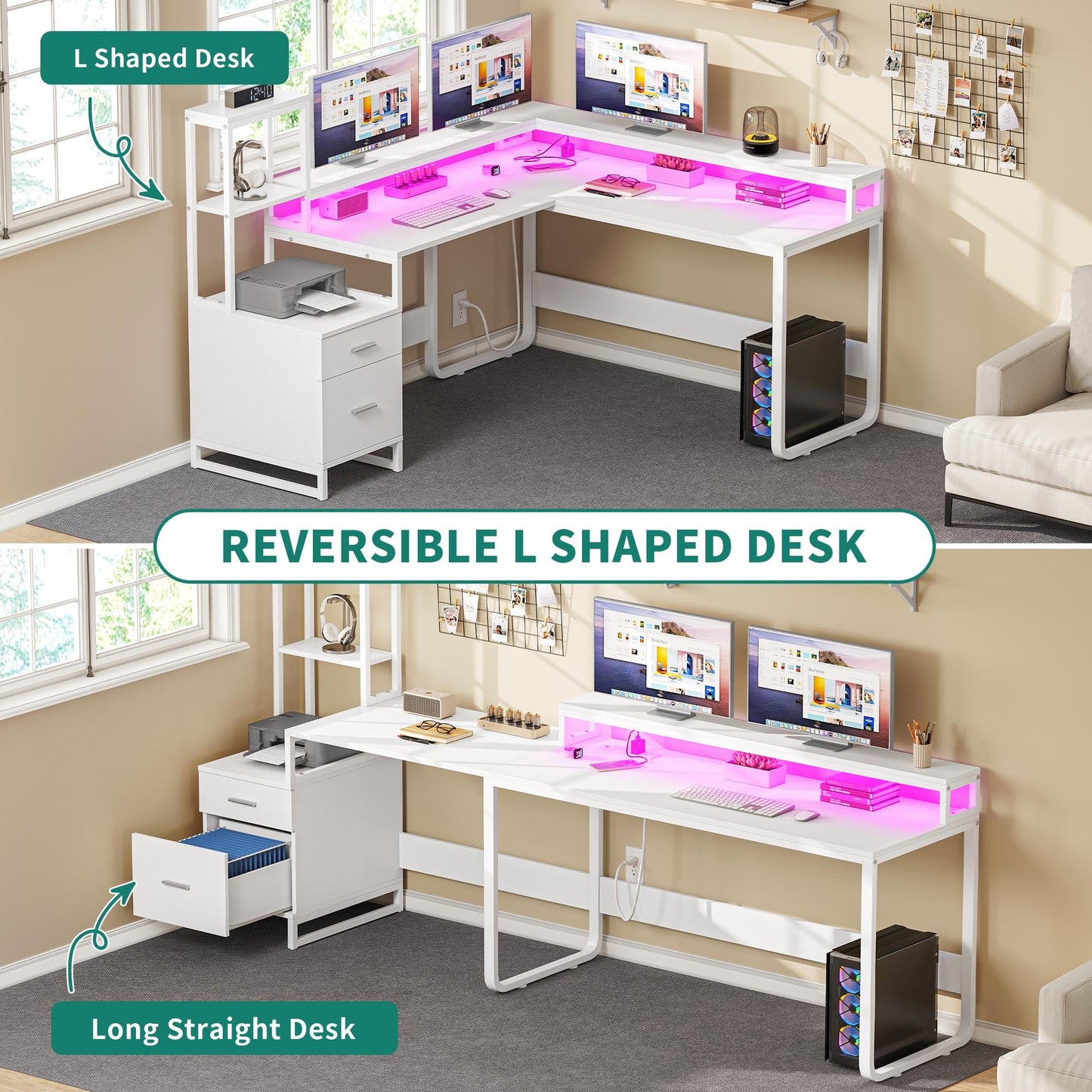 YITAHOME L Shaped Desk with Power Outlets & LED Lights, Reversible Computer Desk with Drawers & Hutch, Corner Desk Office Desk with Monitor Stand, Printer Stand, 2 Person Desk, White - WoodArtSupply