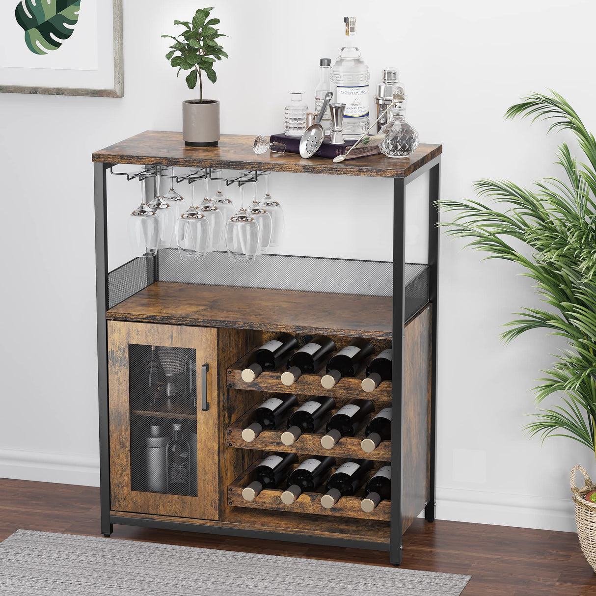 GAOMON Wine Bar Cabinet with Removable Wine Racks and 1 Drawer,Bar Cabinet with Glass Holder and Mesh Door for Liquor and Glasses (Rustic Brown) GAOMON