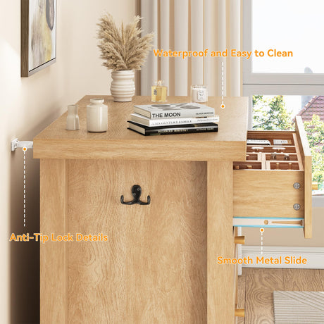 Natural Rattan Dresser for Bedroom with 5 Drawers, Wood Boho Chest of Drawers with Gold Metal Handle, Matte Top Bedroom Tall Dresser with Large Drawers for Living Room, Closet, Hallway, (Nartual Oak) Jocoevol