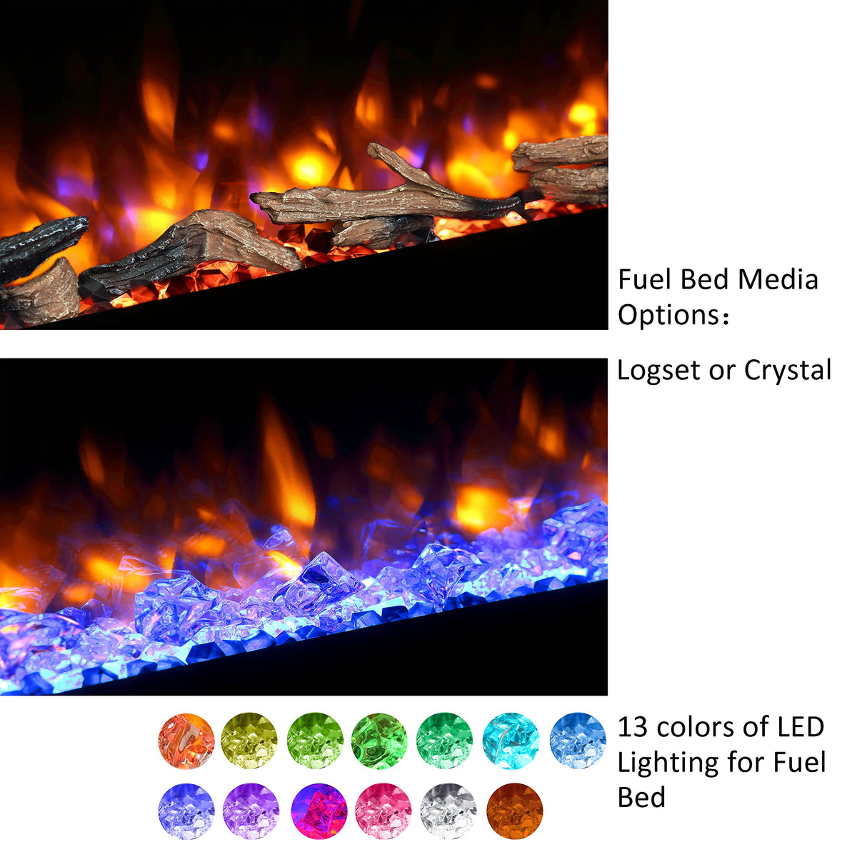 PuraFlame Alice 60 Inches Recessed Electric Fireplace, Flush Mounted for 2 X 6 Stud, Log Set & Crystal, 1500W Heater, Remote Control, Black PuraFlame