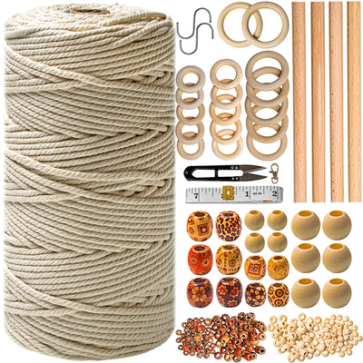 Macrame Kit - 227pc Wall Hanging and Plant Hanger Supplies, 225y Cord 3mm, Beads, Wood Dowels, Rings, E-Book - DIY Craft Starter Set for Adults and Beginners