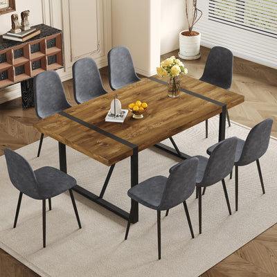 Ganooly Rustic 9 Piece Dining Room Table Set for 8 People, Mid Century Modern 71 Inch Rectangle Wood Kitchen Dining Table with 8 Fabric Chairs Set, Suitable for Kitchen Dining Room Apartment