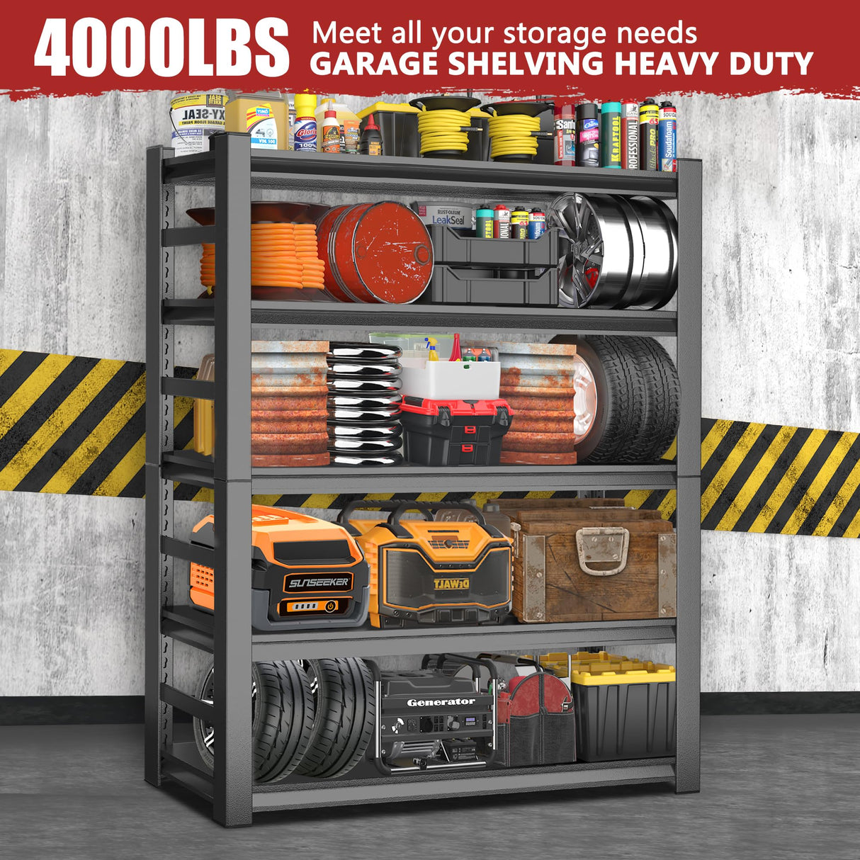 ErgoNova 72''H Garage Shelving Heavy Duty Shelving Units, 4000LBS Ultra-Large Capacity Adjustable 5 Tier Metal Storage Shelves for Kitchen, Warehouse and Basement, 47.2''Wx23.6''Dx72''H, Black ErgoNova