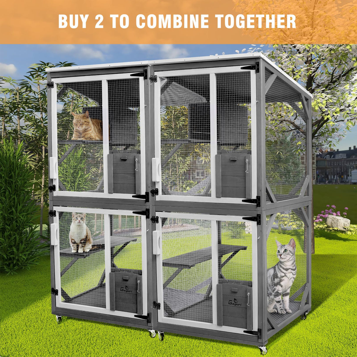 GEGURI Cat Catio Outdoor Cat Enclosure, Large Wooden Kitten Patio Indoor with Upgraded Resting Box, Waterproof Roof GEGURI