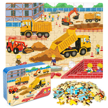 LELEMON 100 Pieces Jigsaw Puzzles in a Metal Box for Kids Age for 4-8 Boys Girls Toy Puzzles Construction Site Vehicles Children Learning Educational Puzzles Toys