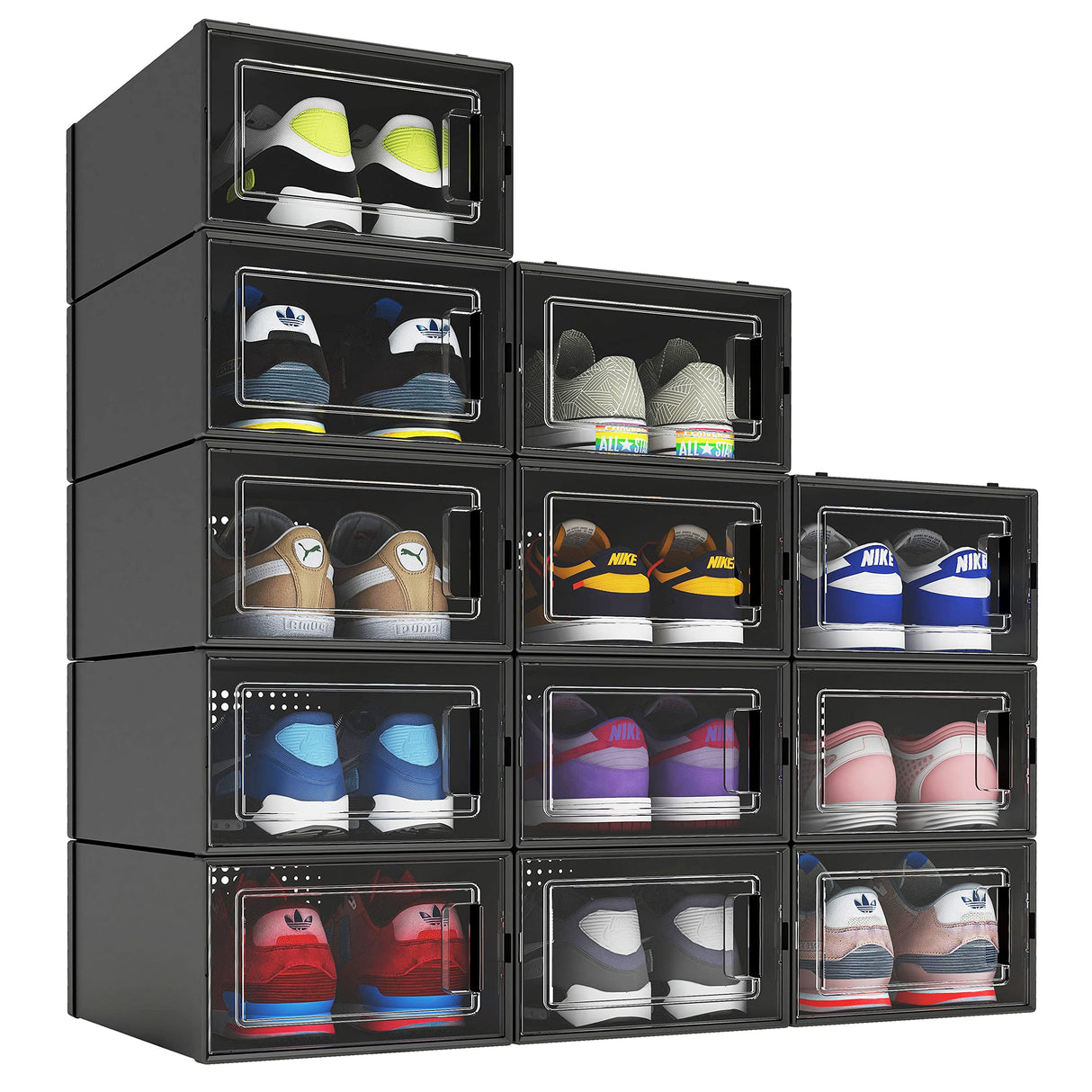 MELDEVO 12 Pack Shoe Organizer Boxes, Black Plastic Stackable Shoe Storage Bins For Closet, Space Saving Shoe Holder Sneaker Display Case for Medium Size Shoes MELDEVO