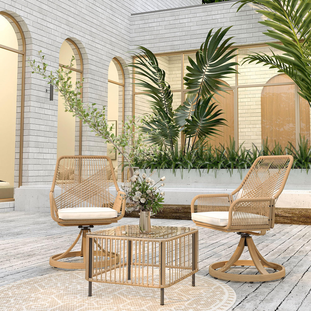 Outsunny Swivel Patio Chairs Set of 2, Rattan Outdoor Patio Dining Chairs with Soft Cushions and Metal Frame for Backyard, Lawn, Porch, or Garden, Khaki Outsunny