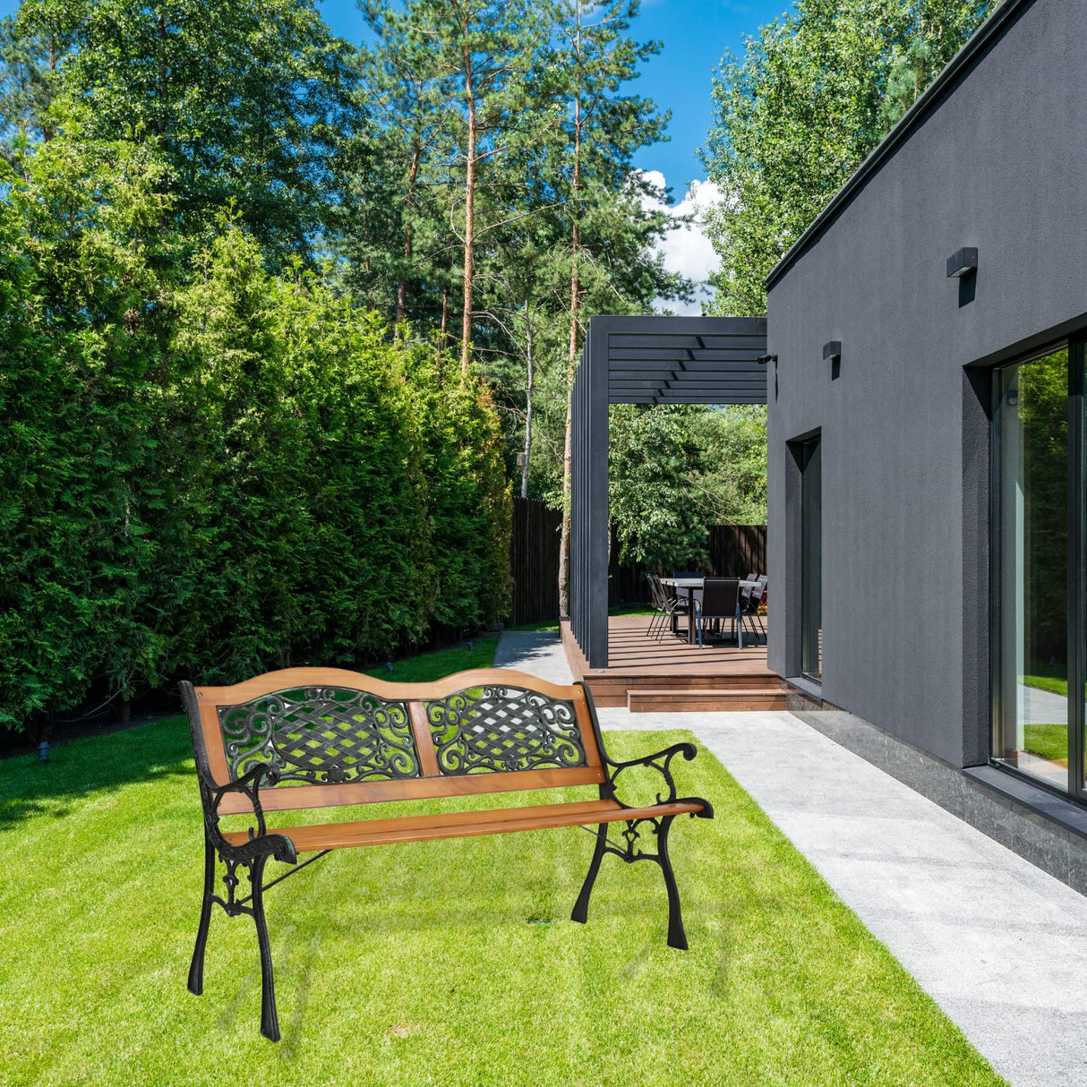 Outvita 49.5in Garden Bench, Patio Wood Love Seat with Metal Armrest Retro Style for Patio Porch Deck Yard Lawn Poolside(Classical) Outvita