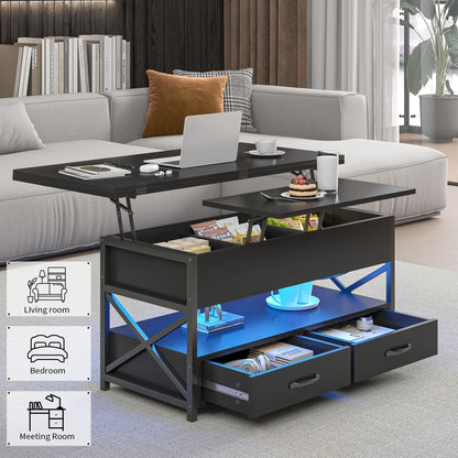 Oubayajia Lift Top Coffee Table with LED Light, Power Outlets, and Storage Shelf, Coffee Tables with 2 Storage Drawers and Hidden Compartment, coffee table for living room (black) - WoodArtSupply