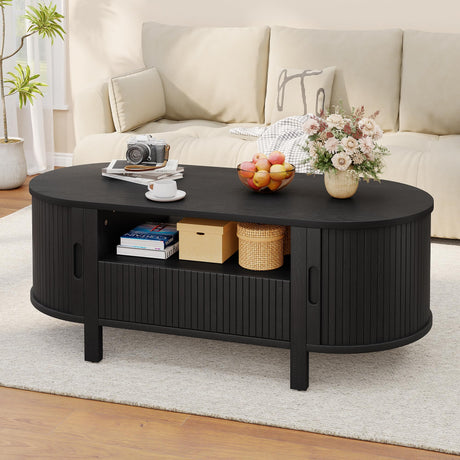 47 Inch Oval Coffee Table, Fluted Coffee Tables with Storage, Mid-Century Modern Living Room Tables, Center Table with Sliding Door and Wood Handle for Living Room, Black ComfyCorner