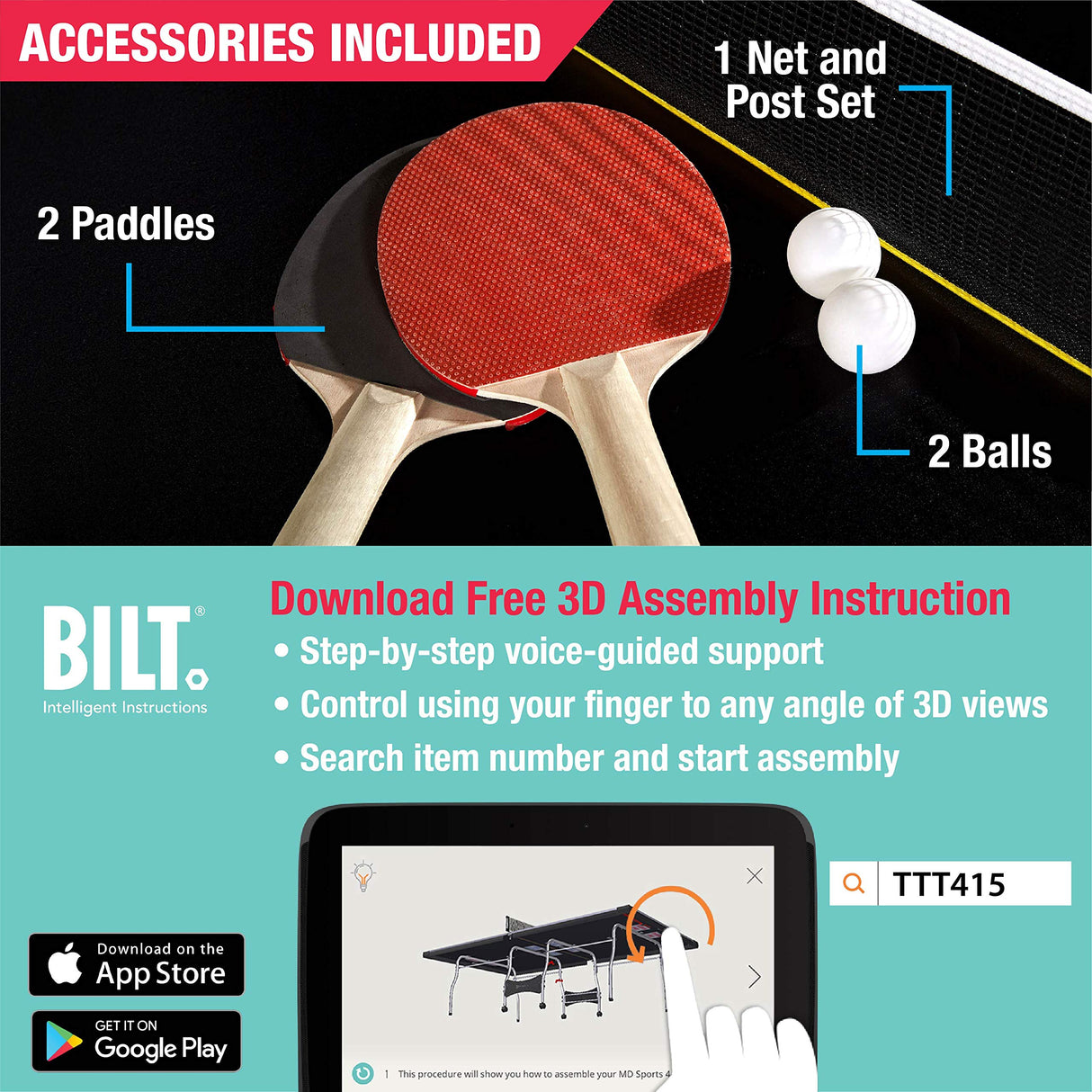 MD Sports Table Tennis Set, Regulation Ping Pong Table with Net, Paddles and Balls (8 Pieces) - Black & Yellow MD Sports