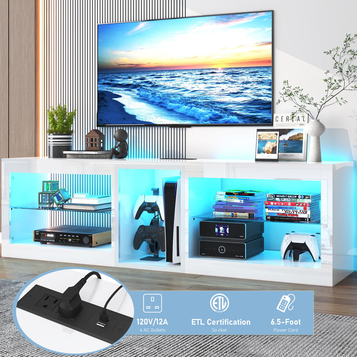 Vinctik 6&Fox High Gloss LED TV Stands w/Power Outlet,60,000-Colors Lighting for 55 60 65 70in TV,Modern White LED Entertainment Center w/Adjustable Glass Shelves for Living Room Gameroom Bedroom Vinctik 6&Fox