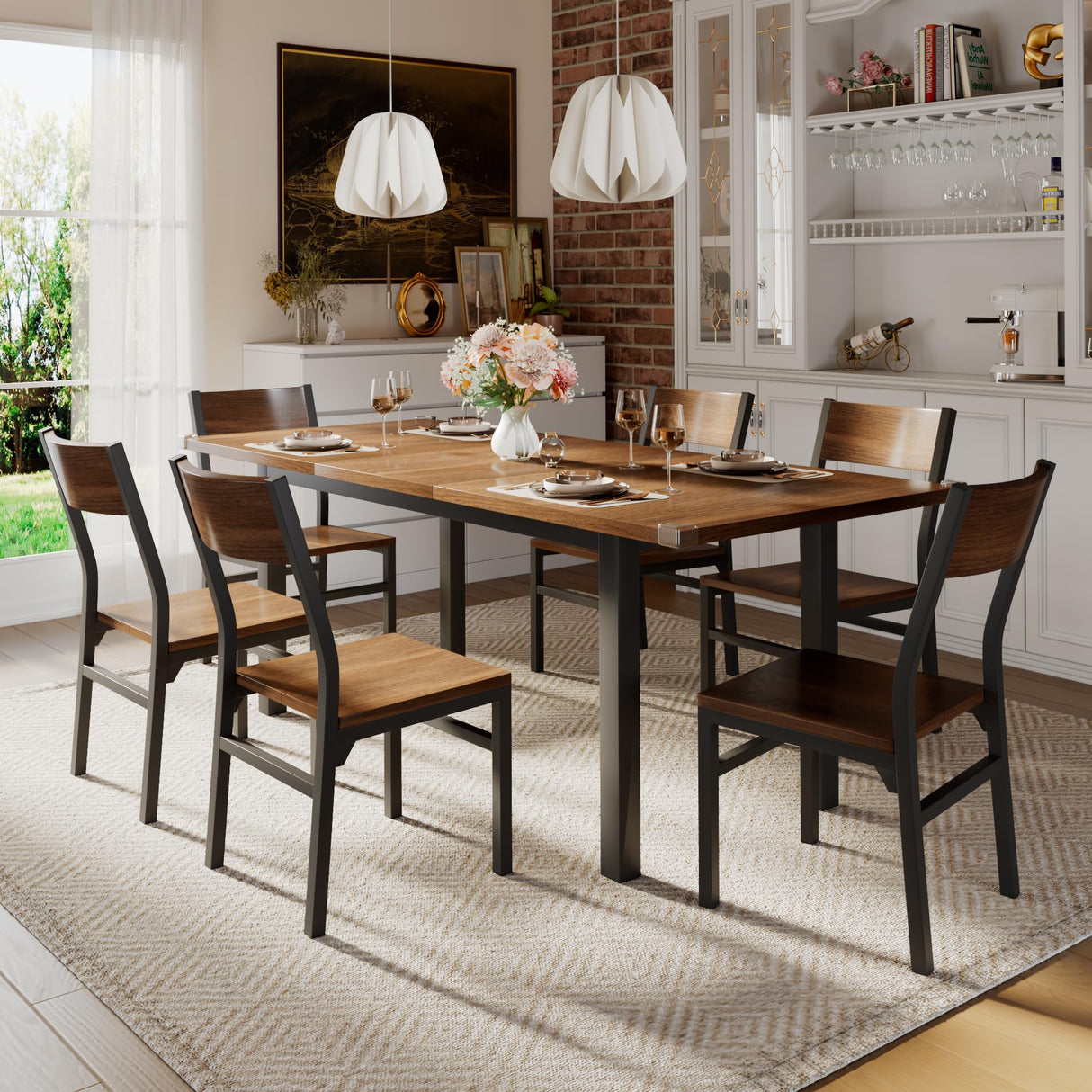 iPormis 7-Piece Dining Table Set with 6 Chairs, 63" Extendable Kitchen Table & Chairs Set for 4-6, Dining RoomTable with Solid Metal Frame & MDF Board, Perfect for Small Space, Easy Assembly, Walnut iPormis