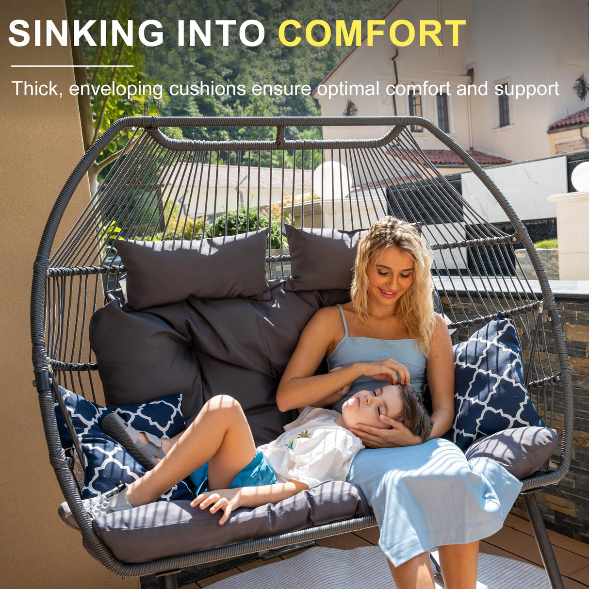 Sundale Outdoor Egg Chair, Rocking Double Egg Chair Outdoor Indoor, 2 Person Egg Loveseat Chair for Patio Balcony Porch Backyard (Grey) Sundale Outdoor