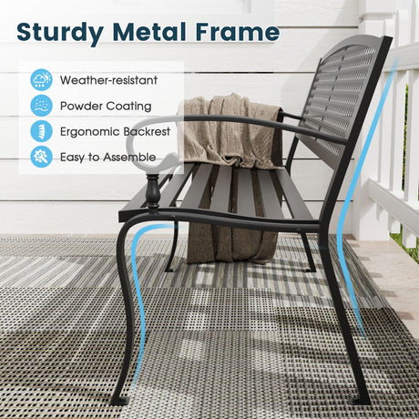 VOXBIN Outdoor Bench, 50 inches Metal Garden Bench, Cast Iron Steel Frame Patio Chairs w/Twist Circle Pattern Backrest for Park, Yard, Porch, Lawn, Balcony, Backyard, Black VOXBIN