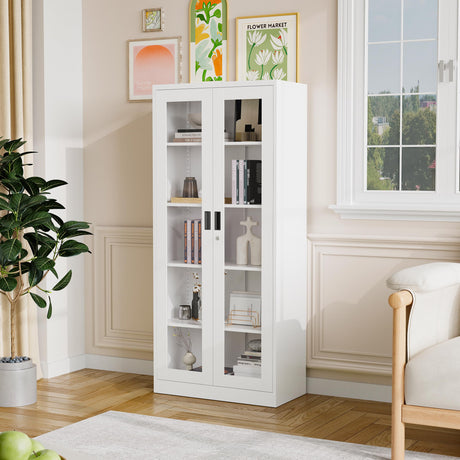 PEUKC Display Cabinet-71 Inches 4 Adjustable Shelves Curio Cabinets with Locking Glass Doors Display Case for Collectibles, Cosmetics, Hydroponics, Books (White,Assemble Required) PEUKC