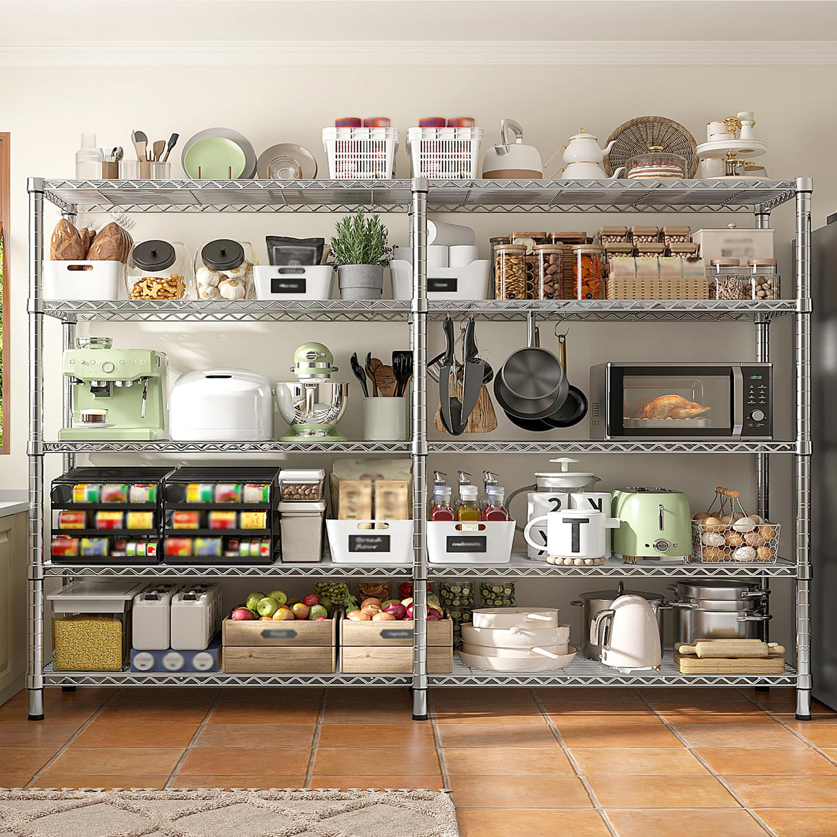 REIBII 1500LBS Storage Shelves 61.7''W Wire Shelving Unit 5 Tier Metal Shelving for Storage Rack Shelves Heavy Duty Garage Shelf Pantry Shelves Kitchen Shelving, 61.7" W*72.4" H*15.8" D, Chrome REIBII
