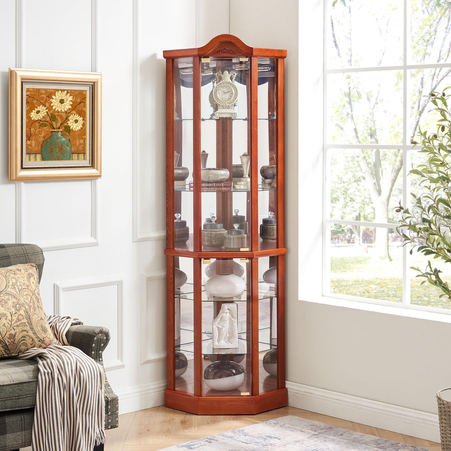 Lighted Corner Display Curio Cabinet Wooden Shelving Unit with Tempered Glass Door, Bar and Liquor Storage Area with 5 Shelves, Wine Cabinet with Curved Top Carving, Oak