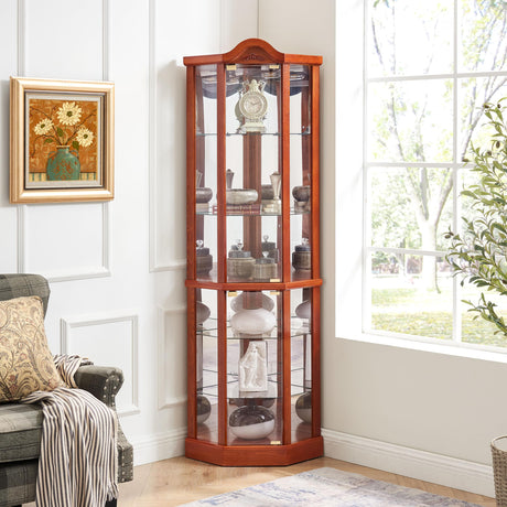 Lighted Corner Display Curio Cabinet Wooden Shelving Unit with Tempered Glass Door, Bar and Liquor Storage Area with 5 Shelves, Wine Cabinet with Curved Top Carving, Oak CQSXDA