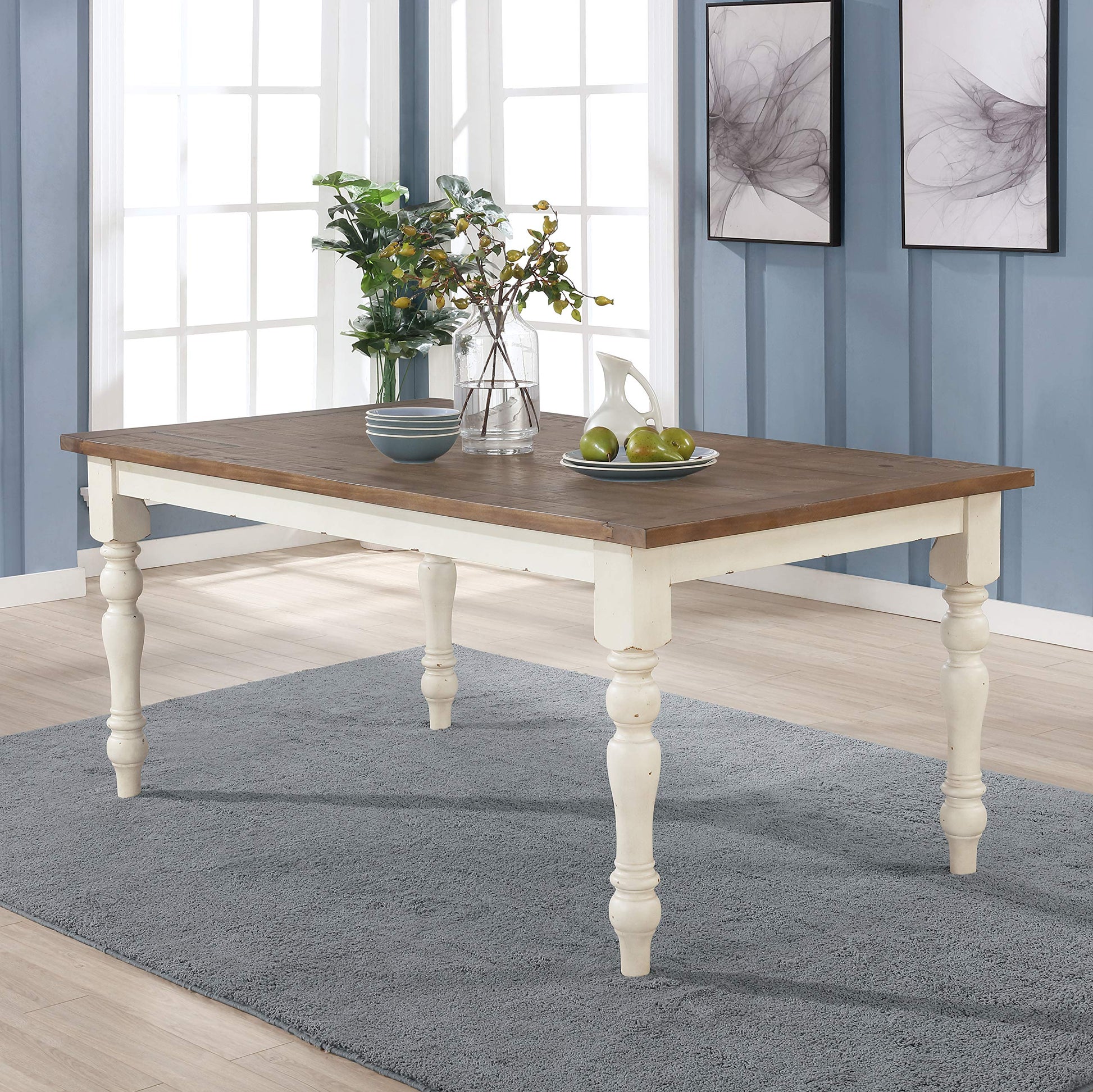 Roundhill Furniture Prato 6-Piece Dining Table Set with Cross Back Chairs and Bench, Antique White and Distressed Oak Finish - WoodArtSupply