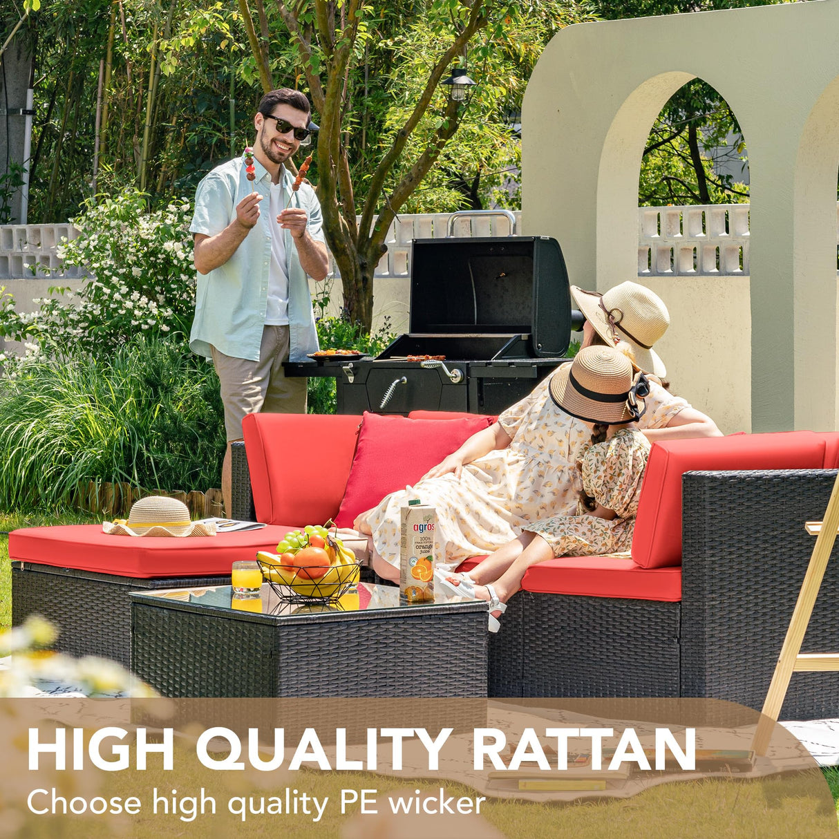 Devoko 5 Pieces Patio Furniture Sets All Weathevr Outdoor Sectional Patio Sofa Manual Weaving Wicker Rattan Patio Seating Sofas with Cushion and Glass Table (Red) Devoko