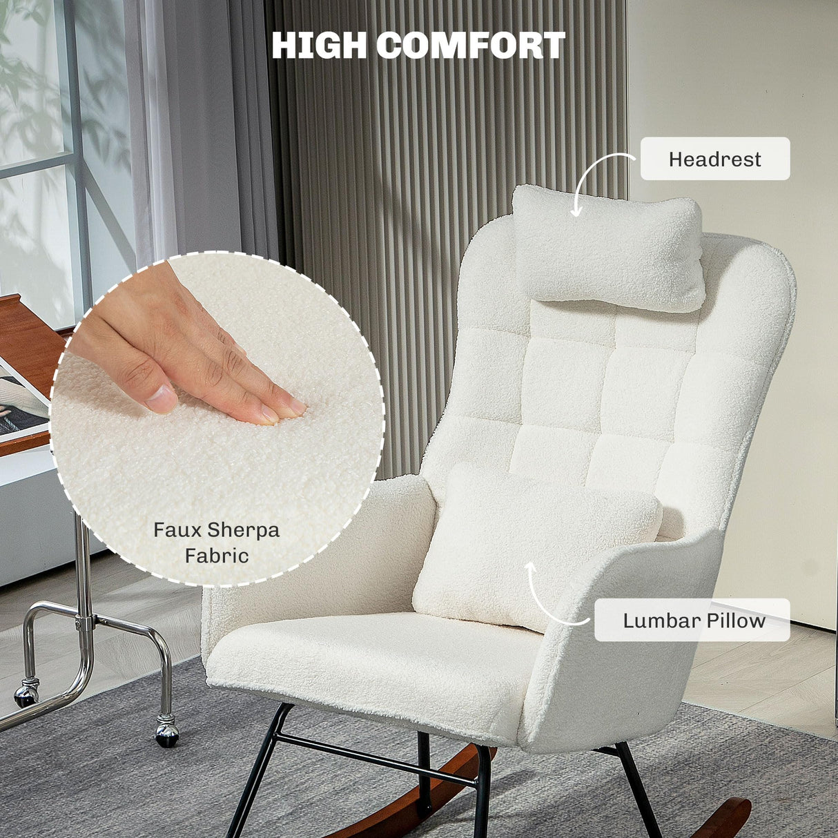 HOMCOM Upholstered Rocking Chair with Headrest and Lumber Pillow, Teddy Fleece Modern Rocker Chair with High Back, Steel Frame and Beech Wood Base for Living Room, Bedroom, Cream White HOMCOM