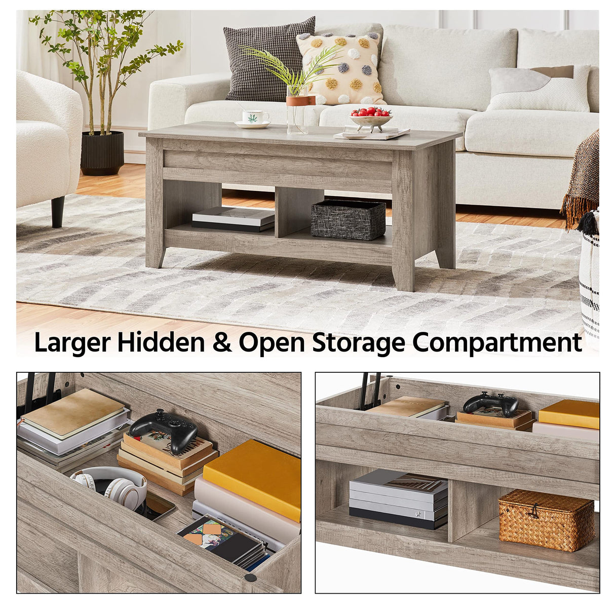 Yaheetech Lift Top Coffee Table, Coffee Table with Hidden Storage Compartment & Lower Shelf, 41in Center Table for Living Room, Office, Grey Yaheetech