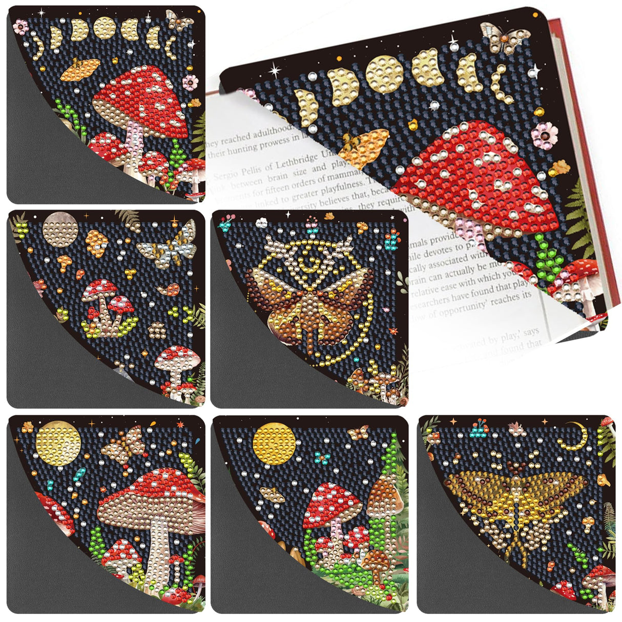 Sitsink Mystic Mushroom Diamond Art Bookmarks - 6 Pcs Corner Book Marks Diamond Painting Bookmarks Kit for Adults, Boho Moth Moon Phase Gem Art Rhinestone Craft Kit for Women Sitsink