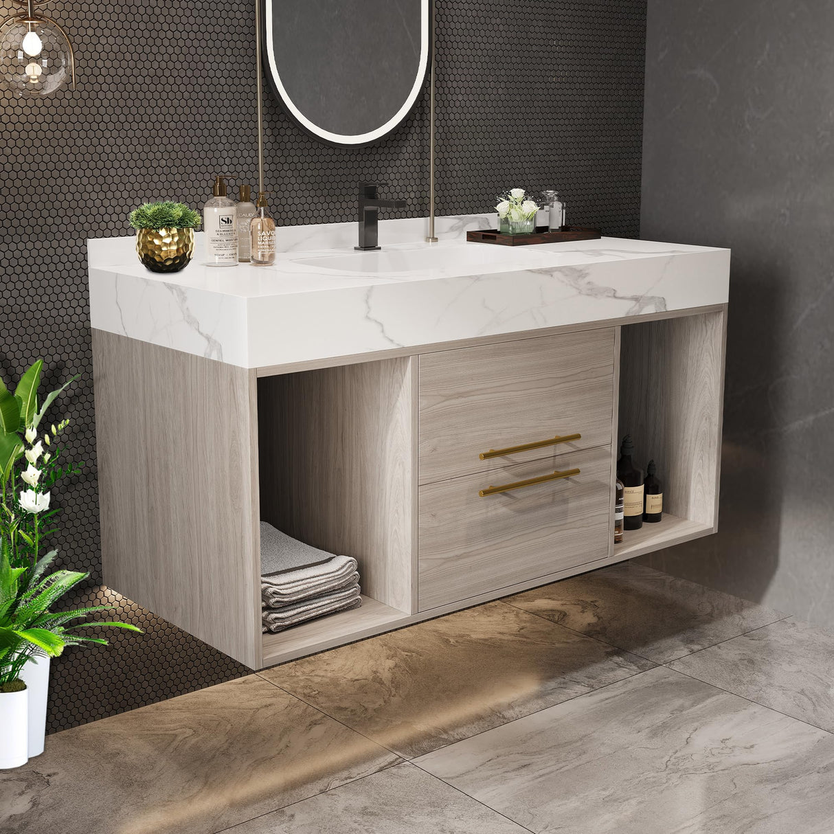 40 Inch Modern Wall Mounted Bathroom Vanity with White Sintered Stone Countertop. Quick Assembly Solid Wood Floating Bathroom Cabinet with 2 Drawers and 2 Storage.White. Glintee
