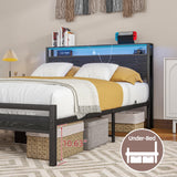 BOFENG Full Size Metal Bed Frame with Storage Headboard, LED Lights, and Charging Station BOFENG