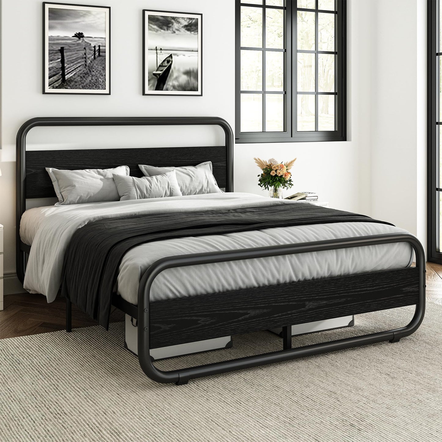 Catrimown Heavy Duty Queen Bed Frame with LED Headboard and Under Bed Storage - Noise Free, Rustic Design - WoodArtSupply