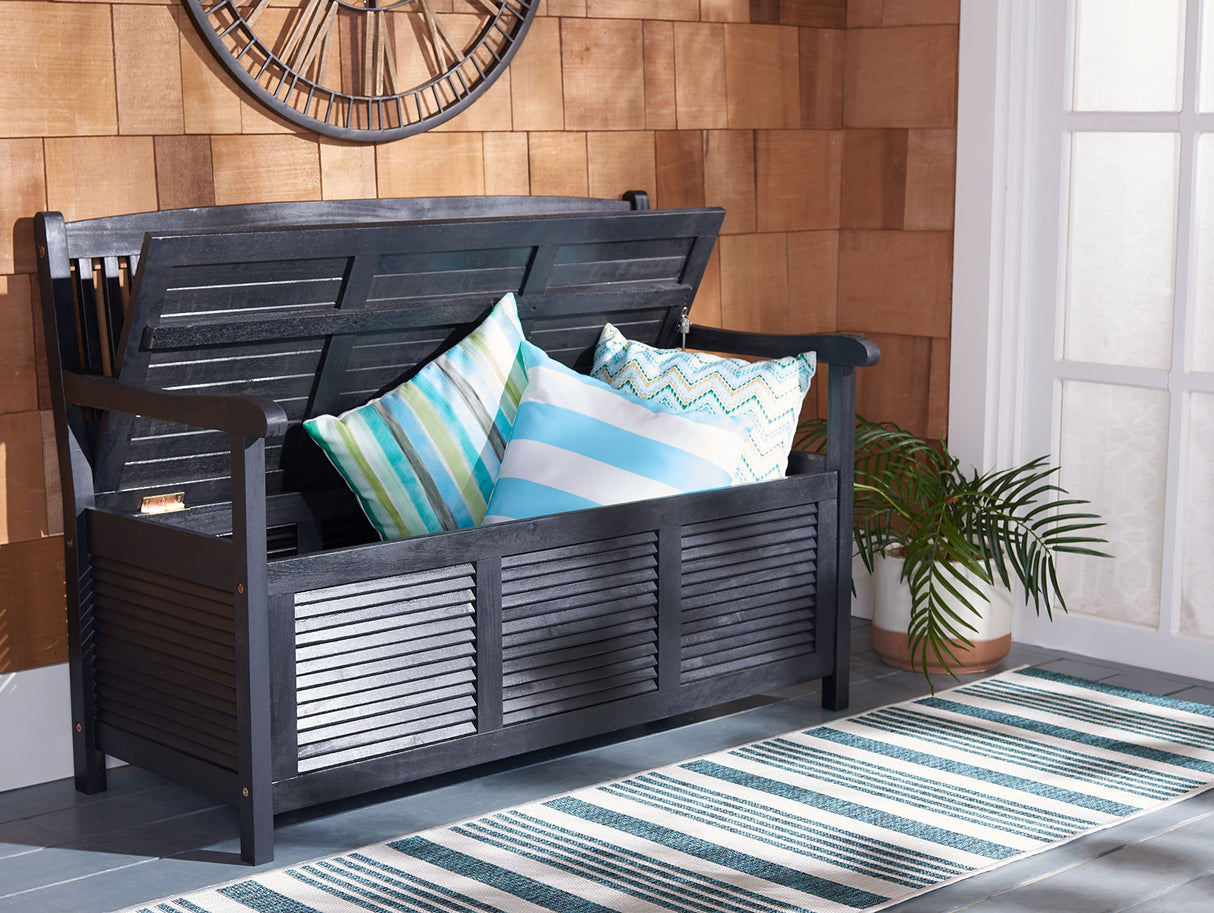 SAFAVIEH Outdoor Collection Brisbane Black Acacia Wood Storage Bench SAFAVIEH