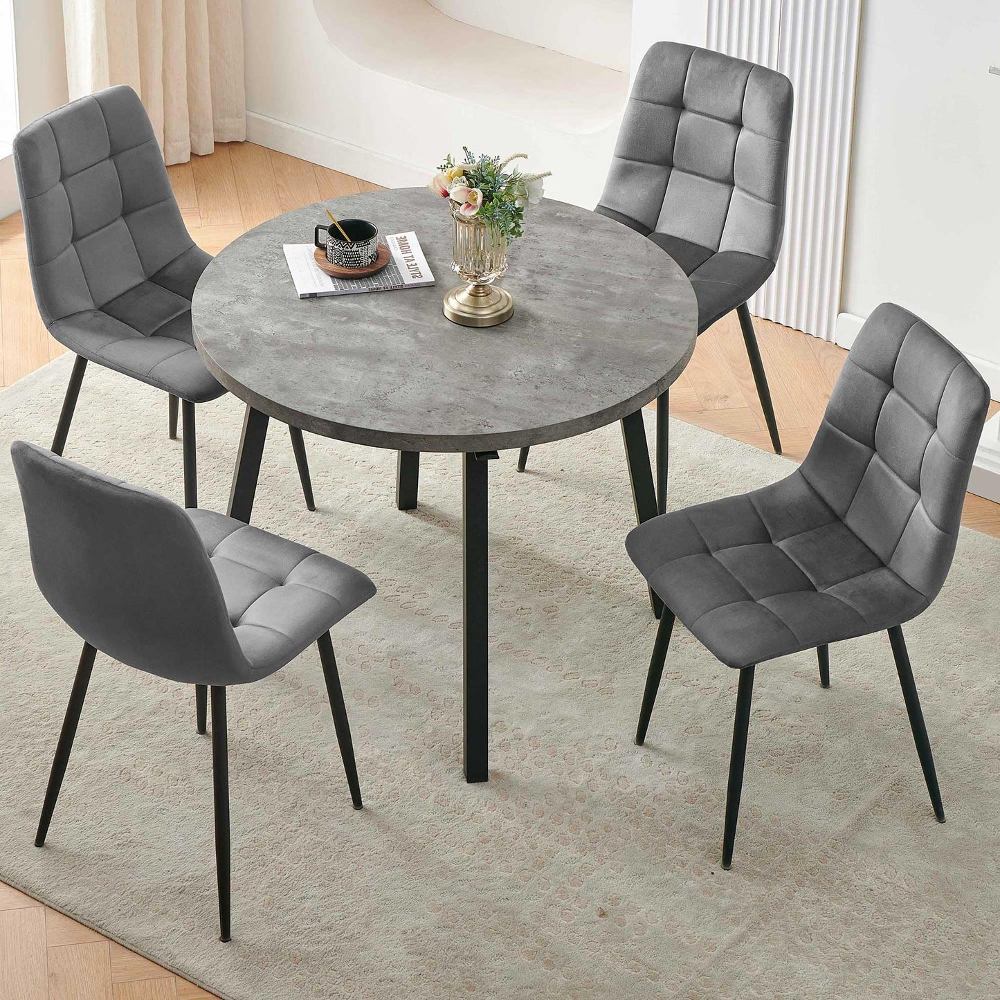 somedream Modern 4-Person Round Dining Table Set, Space-Saving for Kitchen, Living Room, Apartment, includes Dining Table & 4 Grey Chairs,Small Dining Room Set for 4 - WoodArtSupply