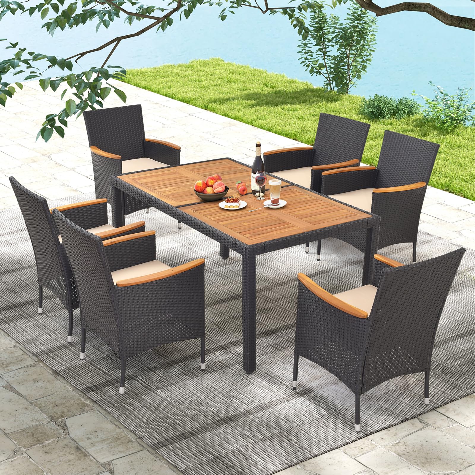 HAPPYGRILL 7 Pieces Outdoor Dining Set, Patio Conversation Set with Umbrella Hole, Acacia Wood Tabletop & Seat Cushions, Dining Table with 6 Rattan Wicker Chairs for Backyard Poolside Deck - WoodArtSupply