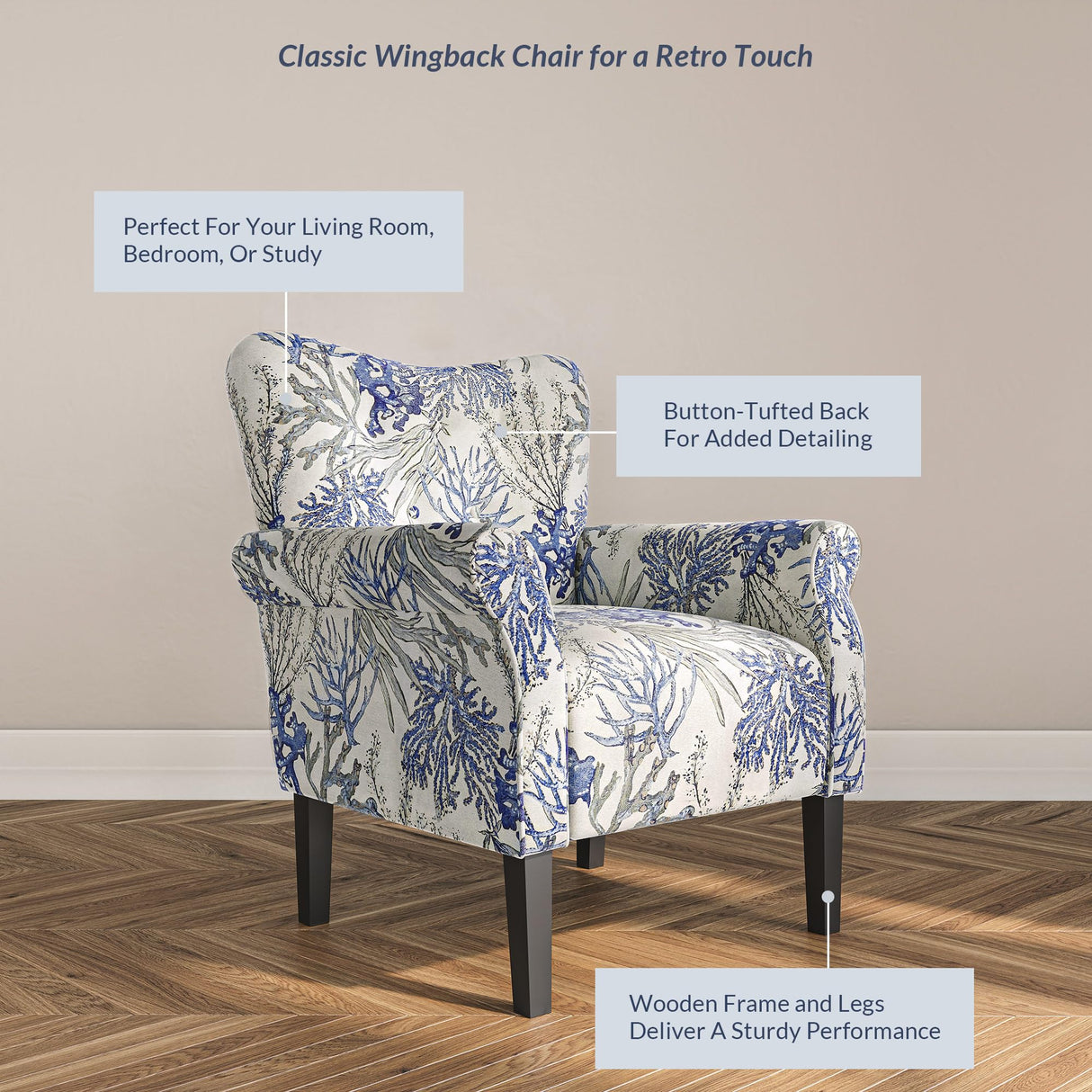 BELLEZE Modern Accent Chair for Living Room, High Back Linen Armchair with Wooden Legs, Upholstered Wingback Side Chair Padded Armrest Single Sofa for Living Room, Bedroom - Allston (Blue Coral) BELLEZE