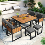 Merax 9 Pieces Outdoor Dining Set for 8 People, Acacia Wood Patio Furniture Sets with 1 Square Table, 4 Cushioned Chairs and 4 Ottomans for Backyard, Garden, Lawn, Poolside, Space Saving Design, Gray Merax